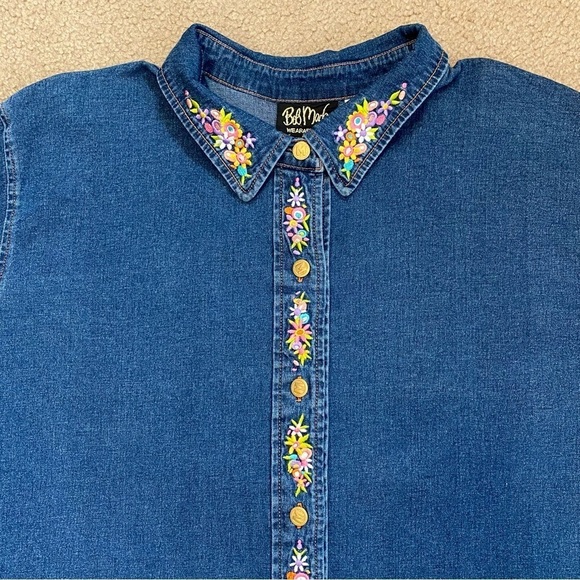 Bob Mackie Wearable Art Embroidered Maypole Dance Denim Button Down Shirt 3X - Picture 6 of 14